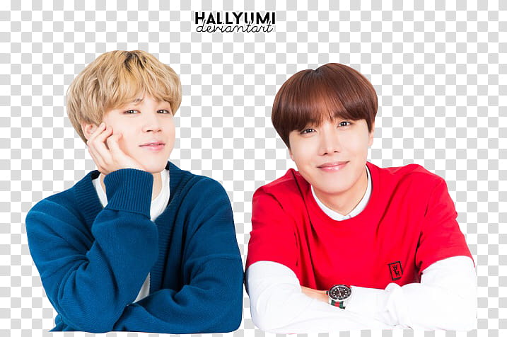 J Hope and Jimin, two men in blue and red shirts transparent background PNG clipart