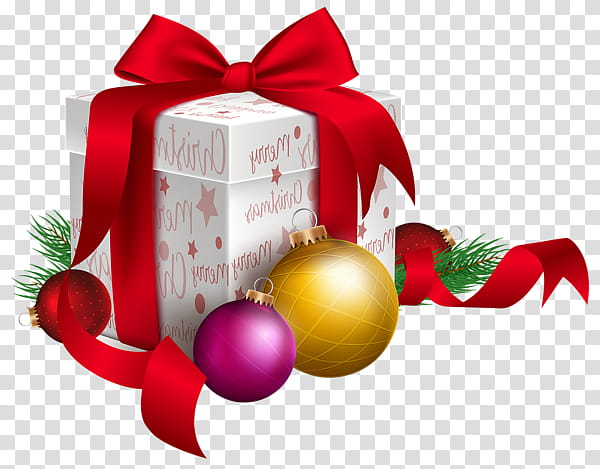 white and red gift box with yellow and purple Christmas baubles transparent background PNG clipart