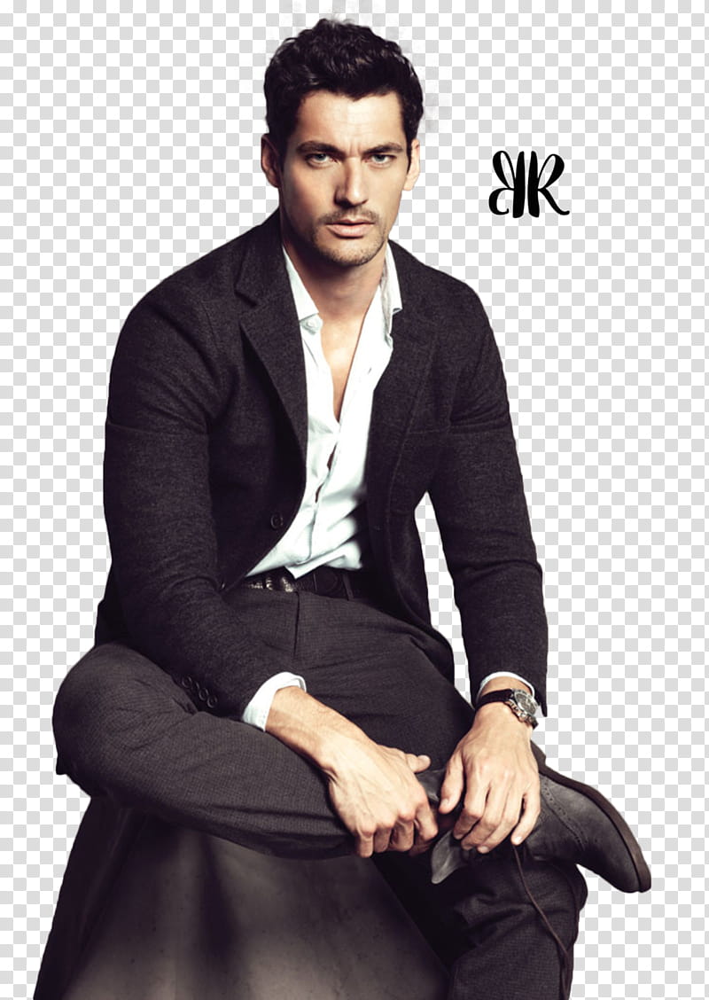 DAVID GANDY, men's black suit sitting on black surface transparent background PNG clipart