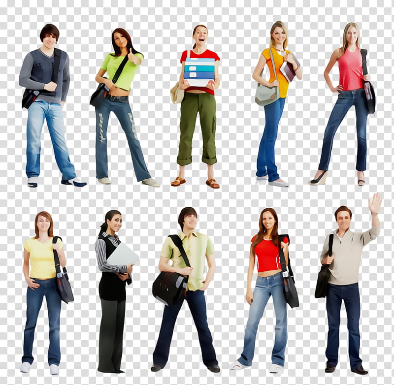 people social group fun standing youth, Watercolor, Paint, Wet Ink, Team, Gesture, Jeans transparent background PNG clipart