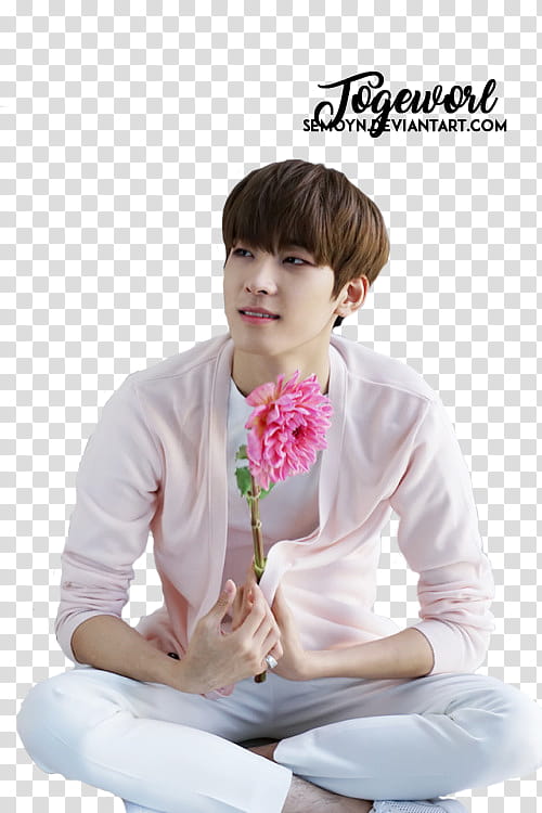 SEVENTEEN TEEN AGE SHOOT BEHIND, smiling man holding pink dahlia flower transparent background PNG clipart