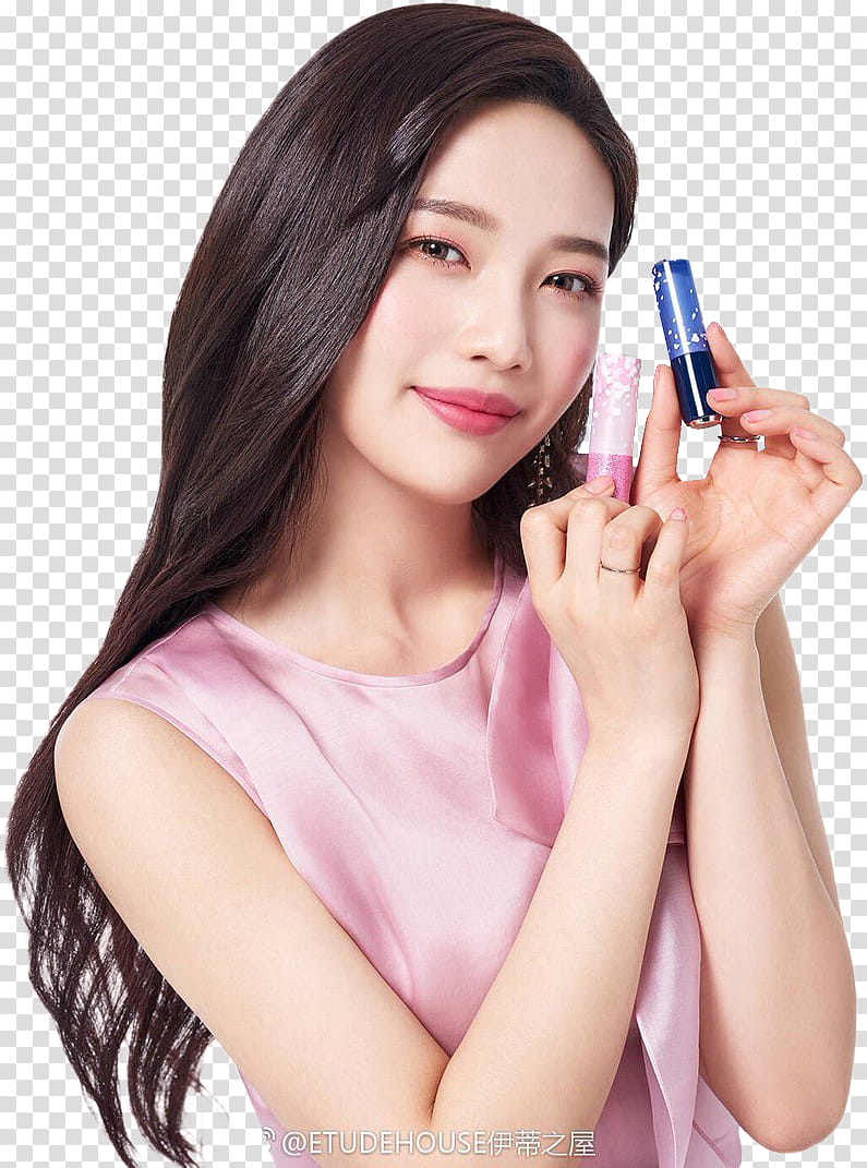 Red Velvet Etude House, woman holding two lipstick bottles transparent background PNG clipart