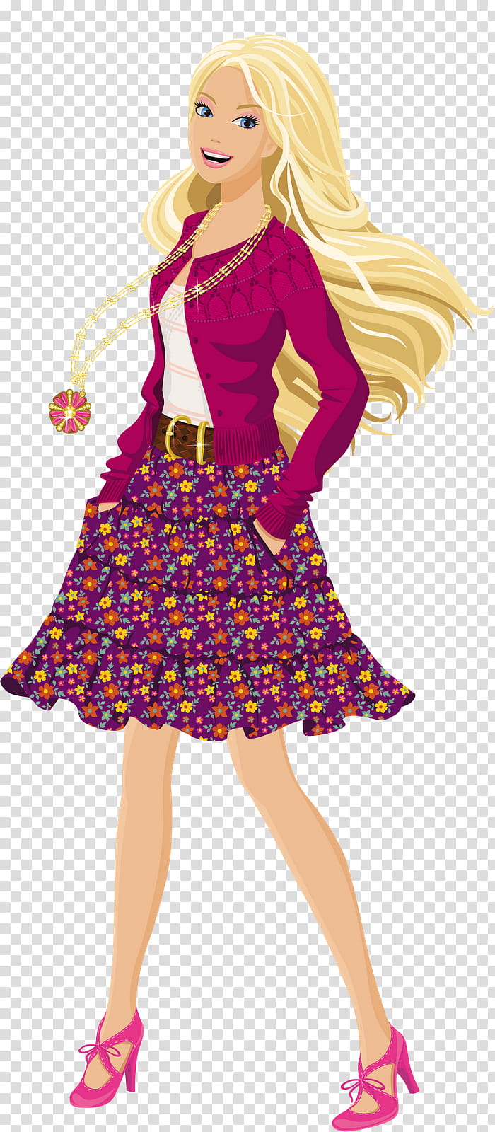 Barbie and Friends, Barbie in pink cardigan and floral mini skirt transparent background PNG clipart