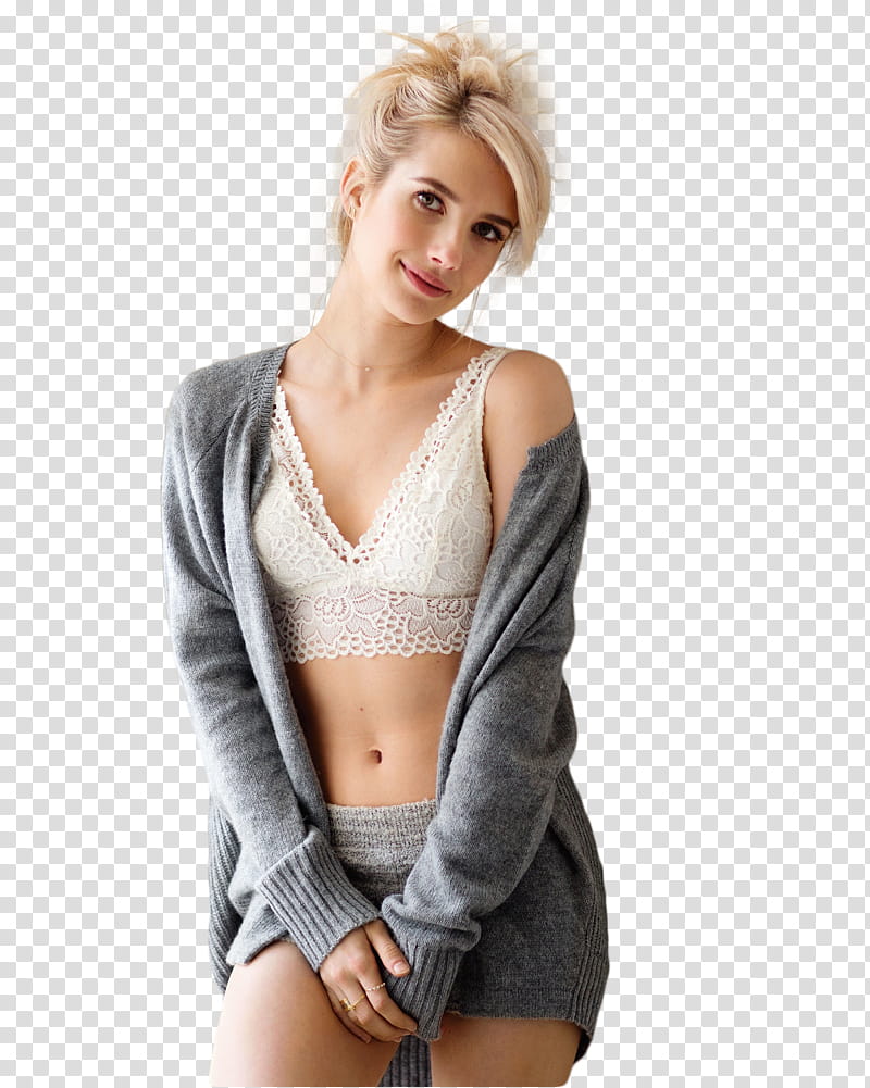 Emma Robets, woman wearing grey jacket and white brassiere transparent background PNG clipart