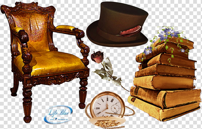 From another time, pocket watch, chair, hat, rose flower, and stacked of books transparent background PNG clipart