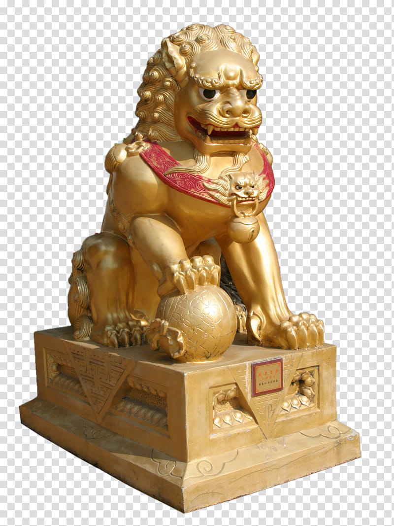 Chinese lion statue , gold-colored foo dog transparent background PNG clipart