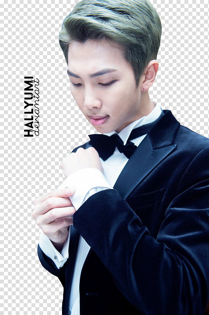 Rap Monster, man wearing black peak lapel suit jacket transparent background PNG clipart