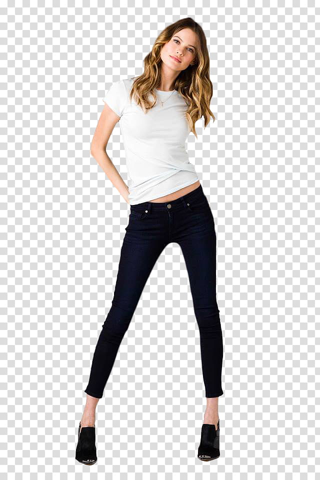 Behati Prinsloo, woman wearing black jeans and white shirt transparent background PNG clipart