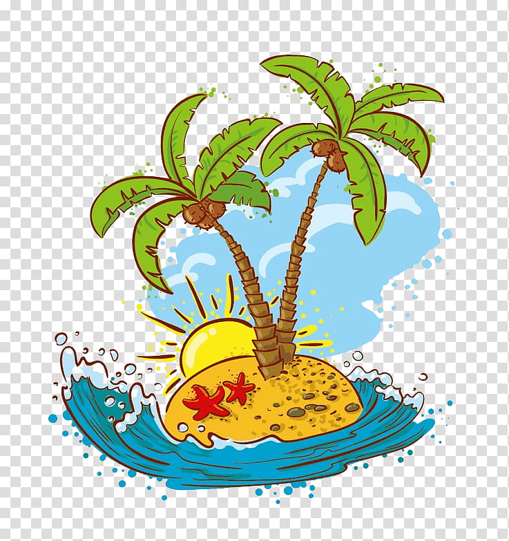 Coconut Tree, Palm Trees, Cartoon, Towel, Beach, Plant, Arecales, Fruit transparent background PNG clipart