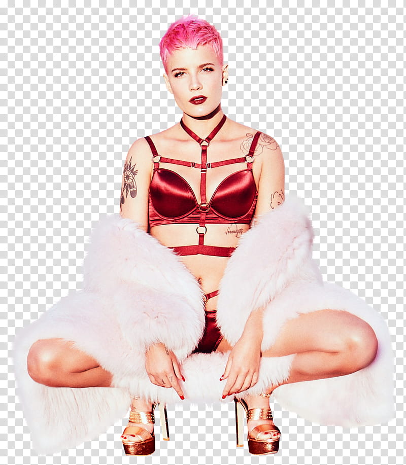 Halsey, woman wearing red bra transparent background PNG clipart