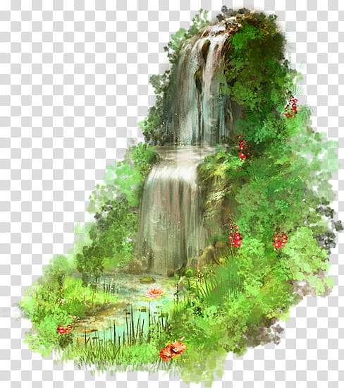 Cartoon Nature, Waterfall, Slap Kozjak, Drawing, Natural Landscape, Vegetation, Green, Tree transparent background PNG clipart