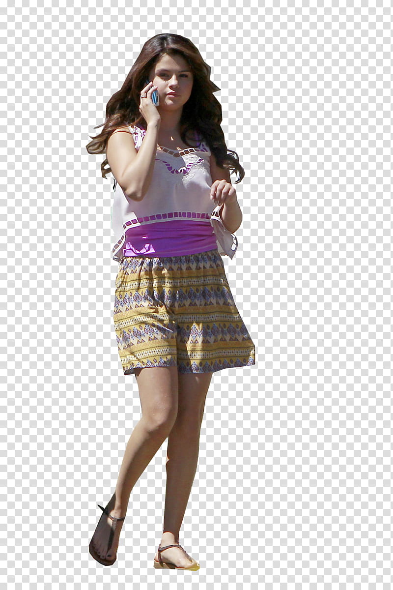Selena Gomez , woman in white, purple, and brown dress talking to phone while walking transparent background PNG clipart