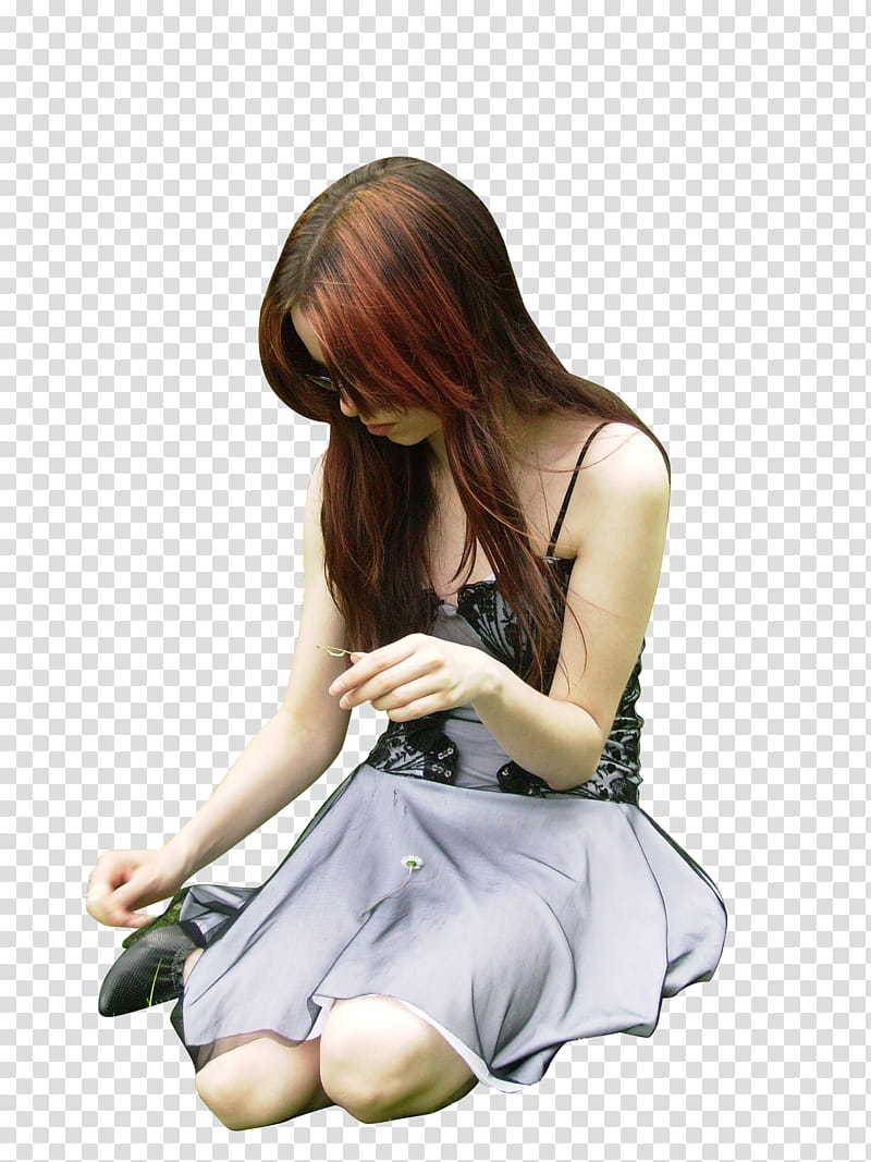 Hanratty more outside, woman sitting wearing black and grey spaghetti strap dress transparent background PNG clipart