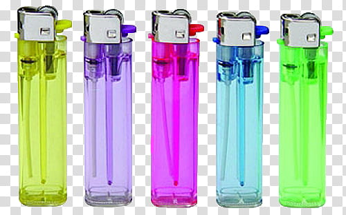 s, five assorted-color disposable lighter transparent background PNG clipart