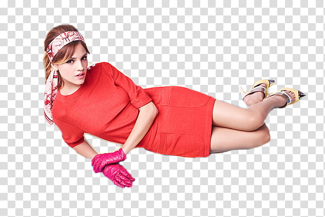 Eiza Gonzalez, woman wearing red /-sleeved dress and pair of pink gloves transparent background PNG clipart