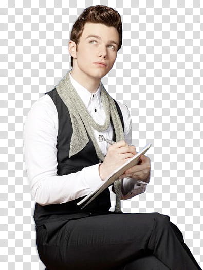 Glee, sitting man wearing black suit with pen in right hand and paper on left hand looking up transparent background PNG clipart