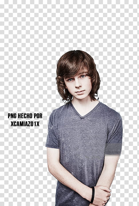 Chandler Riggs, boy in gray V-neck T-shirt transparent background PNG clipart