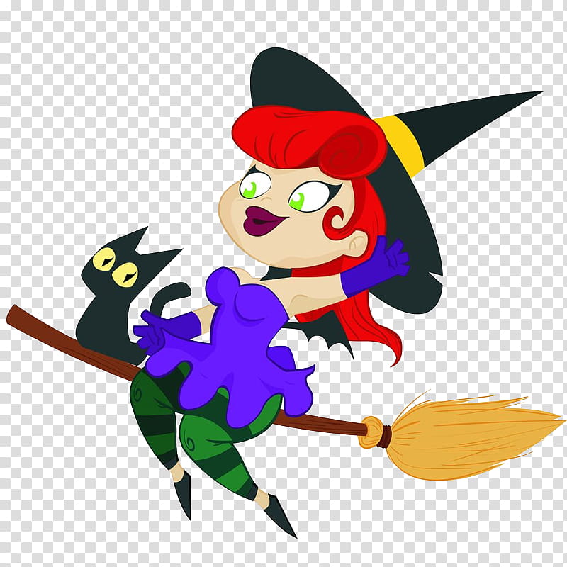 Halloween Cartoon, Witch, Cat, Broom, Video, Divination, Festival, Caricature transparent background PNG clipart