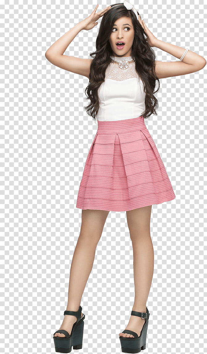 Fifth Harmony, woman in white and pink pleated skritskirt and chunky heeled sandals transparent background PNG clipart