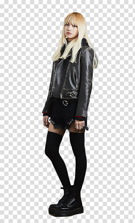 BLACKPINK Lisa nonagon, women's black leather zip-up jacket transparent background PNG clipart