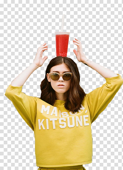 Cut Out Models , standing woman wearing yellow and white elbow-sleeved shirt with disposable cup on head transparent background PNG clipart