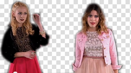 Martina Stoessel y Mercedes Lambre, woman wearing pink denim jacket and skirt transparent background PNG clipart