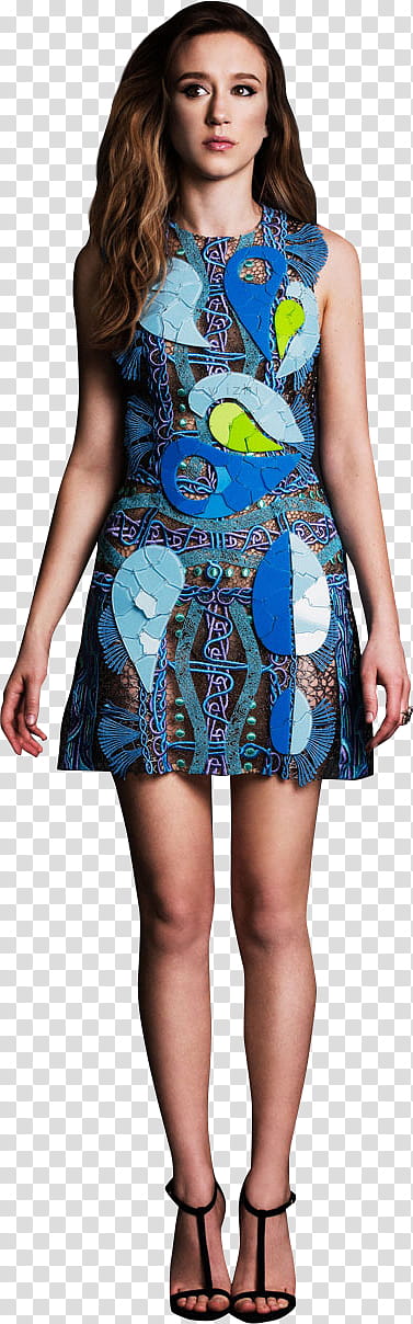 Taissa Farmiga, standing woman in blue sleeveless mini dress transparent background PNG clipart