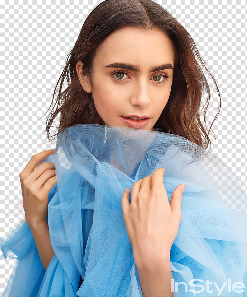 Lily Collins, woman wearing blue dress transparent background PNG clipart