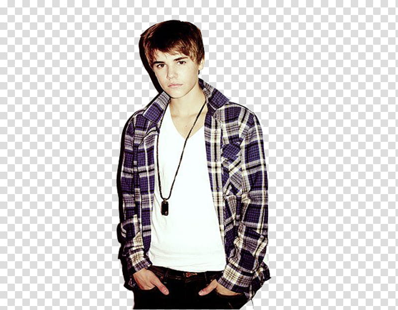 JustinBieber, man wearing blue, gray, and white plaid dress shirt transparent background PNG clipart