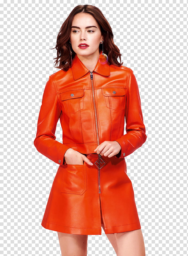 Daisy Ridley, woman in orange leather coat posing for transparent background PNG clipart