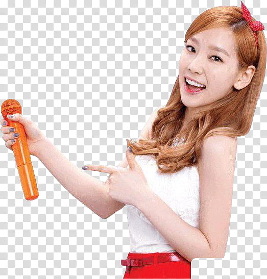 Taeyeon , smiling woman point to orange dynamic microphone transparent background PNG clipart