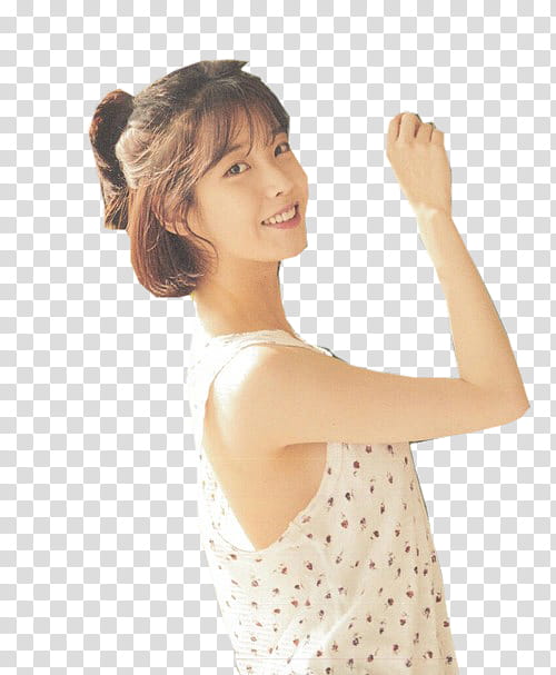 Lee Ji Eun IU, smiling woman in white and red floral tank top transparent background PNG clipart