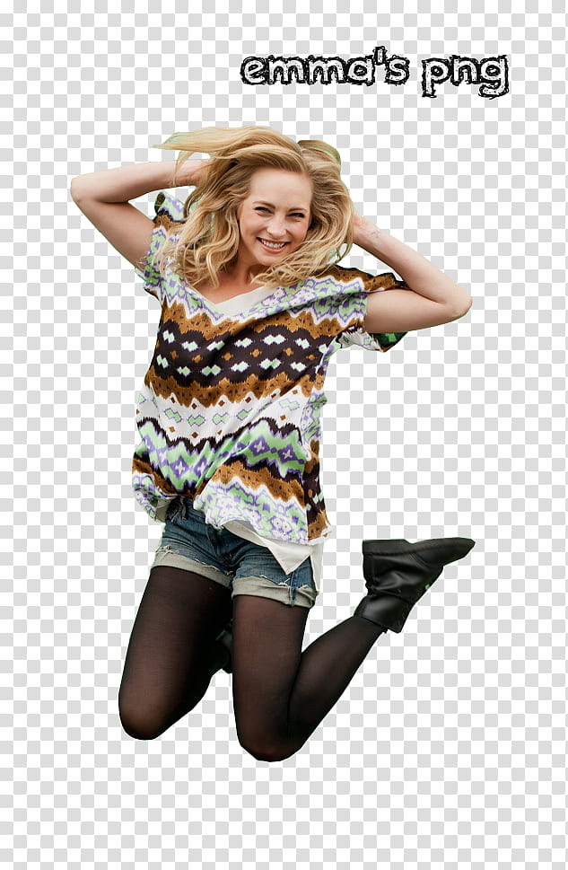 Candice Accola, woman jumping while holding her hair transparent background PNG clipart