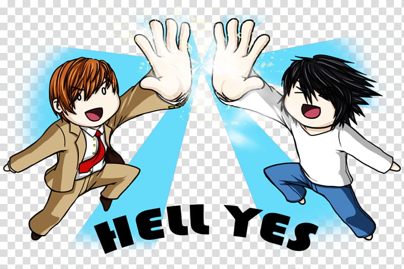 HELL YES, DEATH NOTE, two men going to high five illustration transparent background PNG clipart
