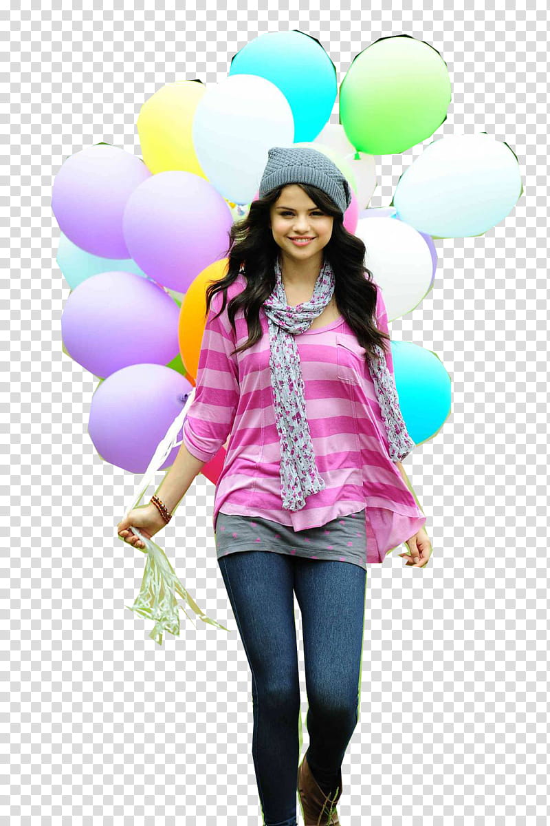 Selena Gomez holding a bundle of balloons transparent background PNG clipart