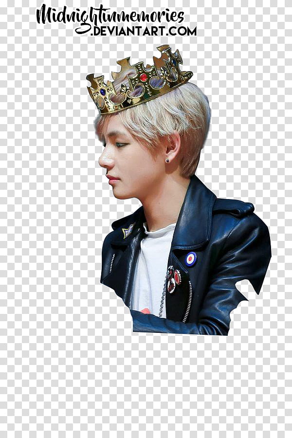 Taehyung , man wearing gold crown and black leather jacket transparent background PNG clipart