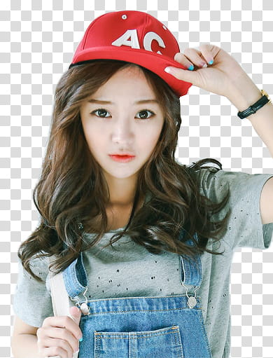 Ulzzang, woman with red fitted cap and blue denim jumpers transparent background PNG clipart
