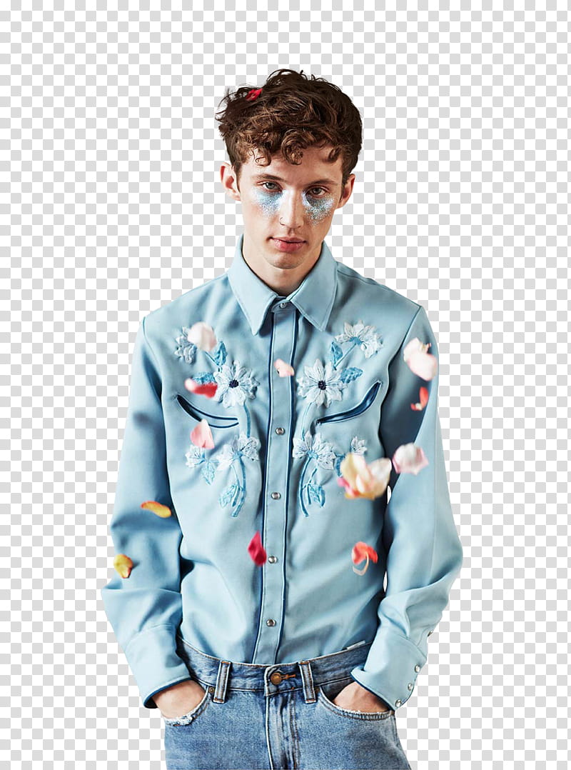 Troye Sivan, man wearing teal and white floral dress shirt transparent background PNG clipart