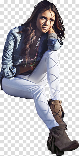 Nina Dobrev, woman sitting while holding her neck transparent background PNG clipart