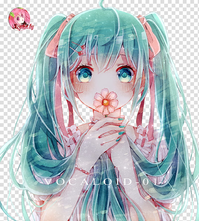 Hatsune Miku , teal-haired girl holding flower illustration transparent background PNG clipart