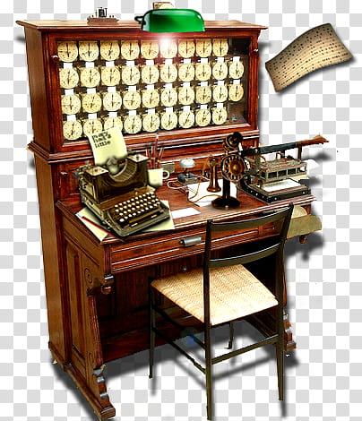 Steampunk Icon Set in format, tAbulator, brown and beige typewriter on top of brown wooden table transparent background PNG clipart