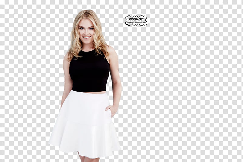Eliza Taylor, woman in black sleeveless top and white skirt transparent background PNG clipart