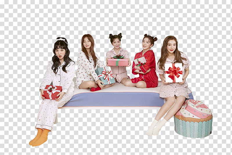 Red Velvet Christmas Home Party, five girls sitting on mattress transparent background PNG clipart
