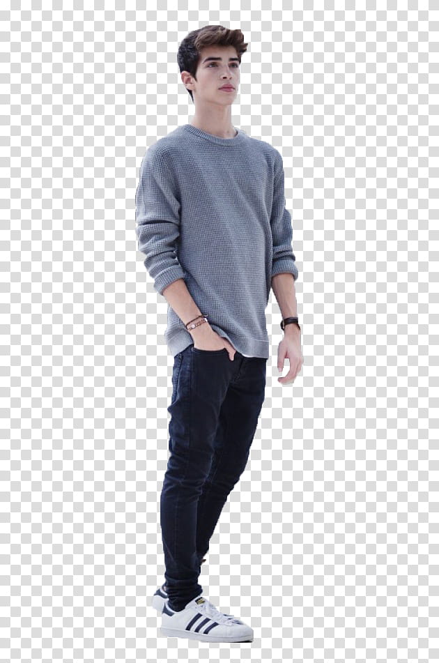 MANU RIOS, standing man in gray sweater right hand on pants pocket transparent background PNG clipart