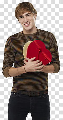 Kendall Schmidt , smiling man wearing black and brown striped long-sleeved shirt holding heart box while standing transparent background PNG clipart