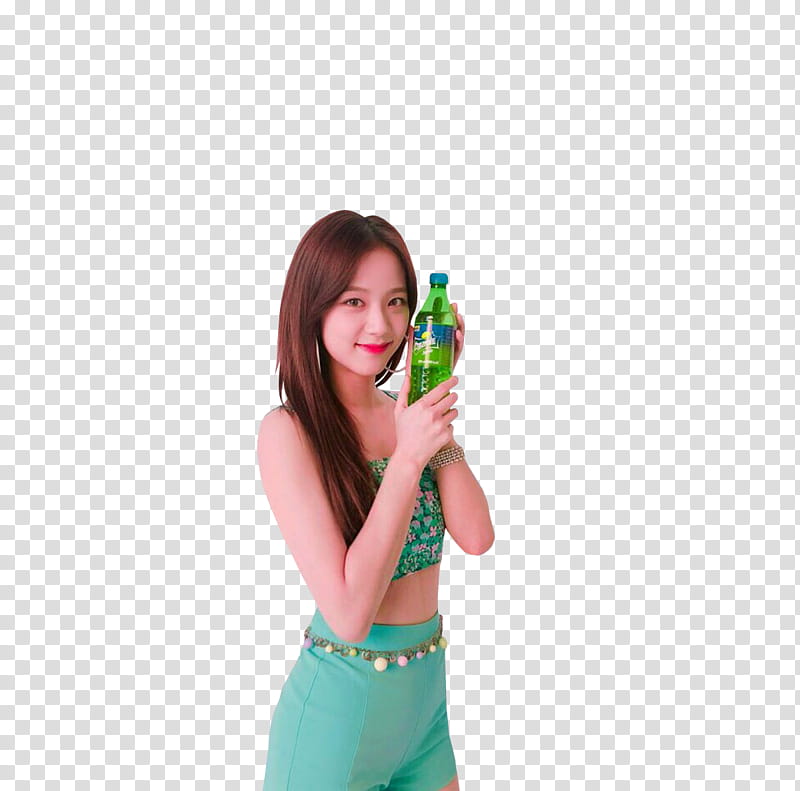 JISOO BLACKPINK , woman wearing green crop top and bottoms holding green plastic bottle transparent background PNG clipart