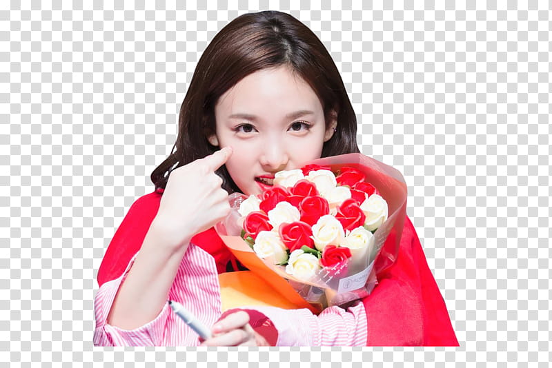 NAYEON TWICE, woman wearing red and pink top holding white and red flowers transparent background PNG clipart