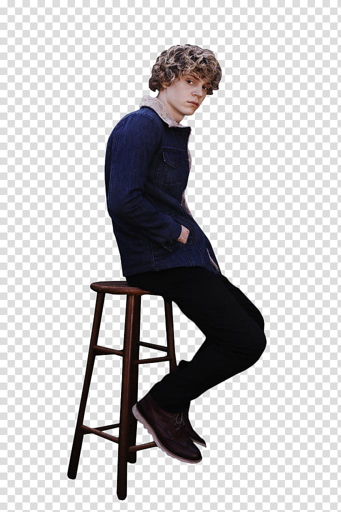 Evan Peters , man siting on brown bar stoll wearing blue sweatshirt transparent background PNG clipart