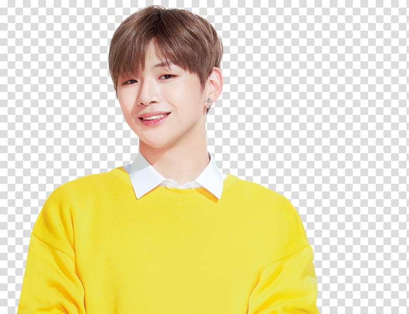 WANNA ONE X Ivy Club P, smiling man wearing yellow and white collared shirt transparent background PNG clipart
