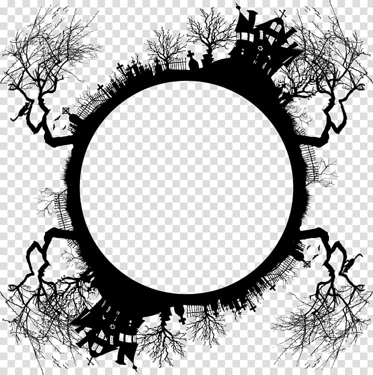 Halloween Tree Branch, Film Frame, Drawing, Haunted House, Silhouette, Frames, Halloween , Circle transparent background PNG clipart